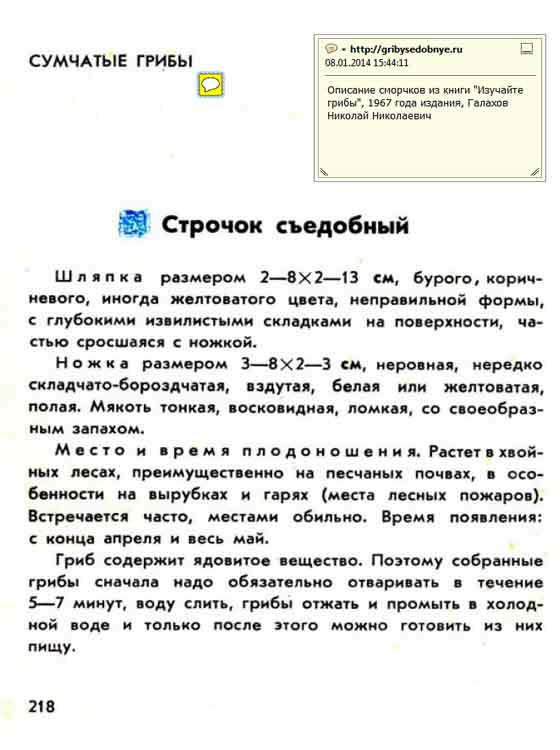 Строчок гриб описание из книги СССР 1967 года, автор Галахов Николай Николаевич