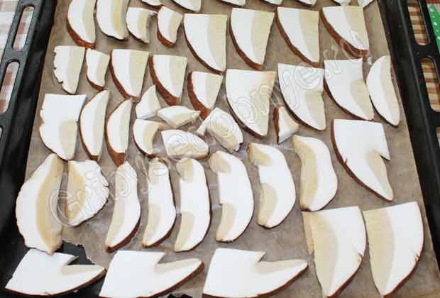 Выкладываем пластинки белых грибов на противень, застиланный пекарской бумагой