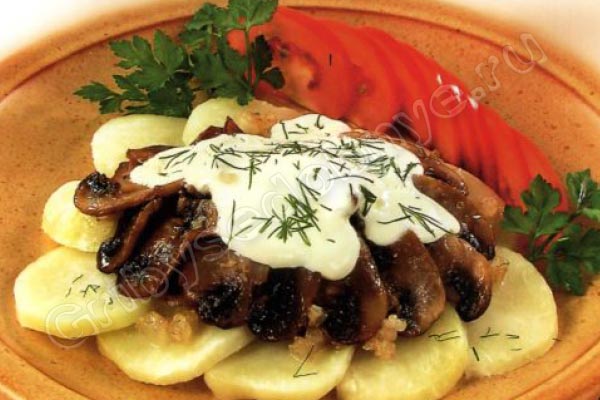 Рецепт приготовления тушёных лесных грибов с отварным картофелем и свежими помидорами фото